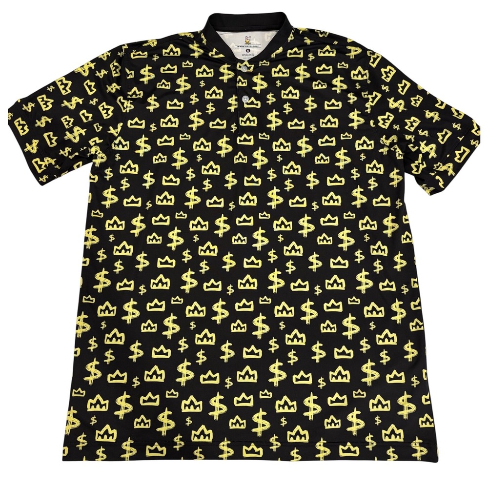 ROLO NWOT GOLF Men's XL Black Yellow Dollar Sign Crown Print Polo Shirt graphic